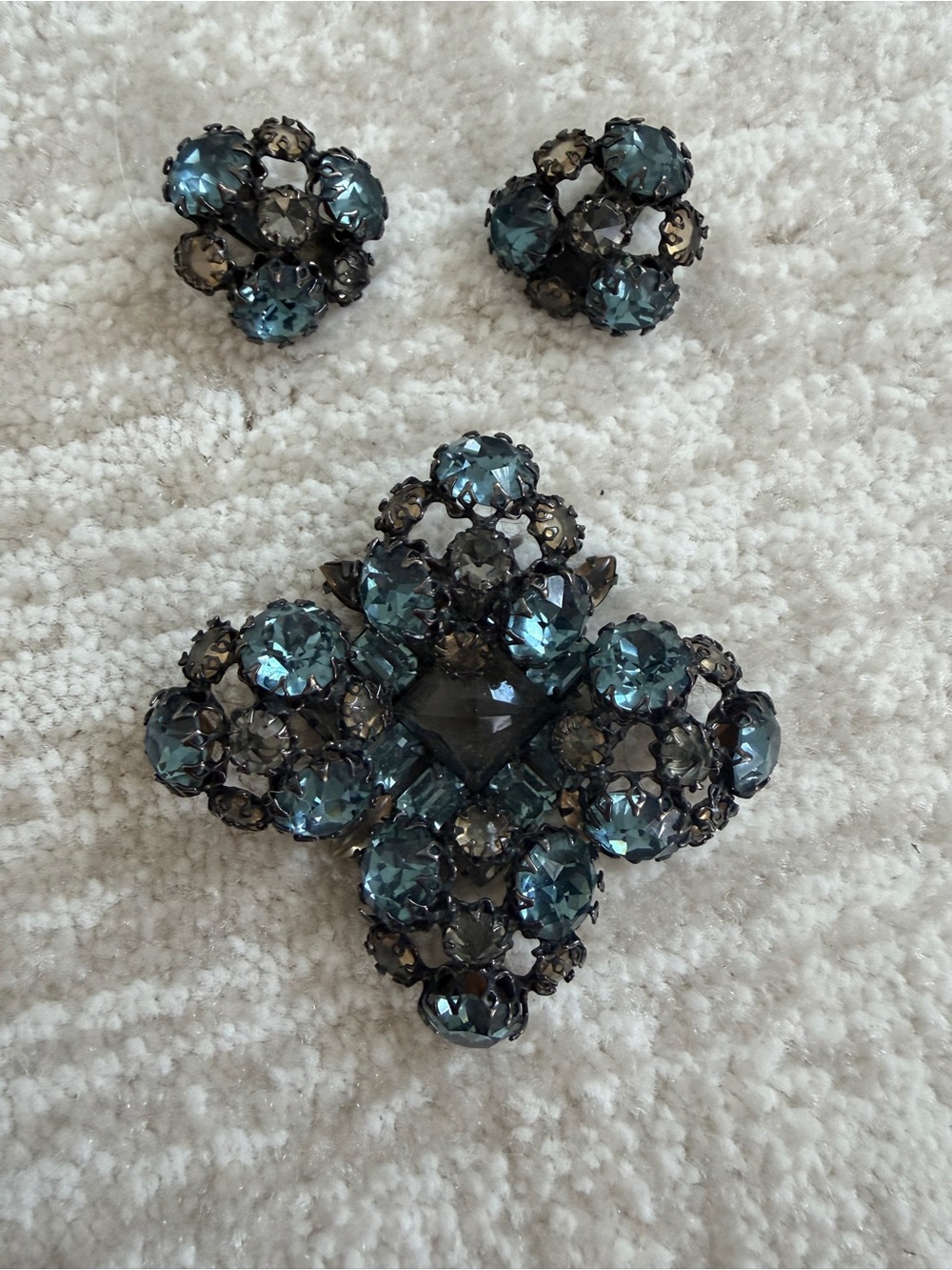Schreiner New York Vintage Maltese Blue Crystal Brooch and Earring Set